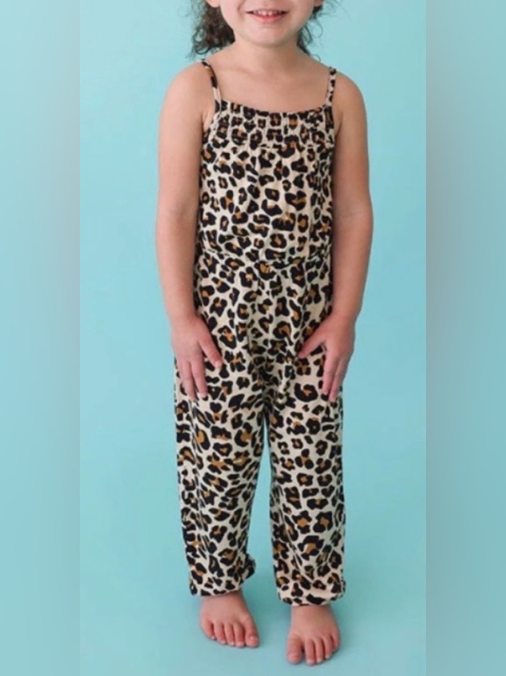Posh Peanut Lana Leopard Tan Sleeveless Smocked Jumpsuit, sz 10